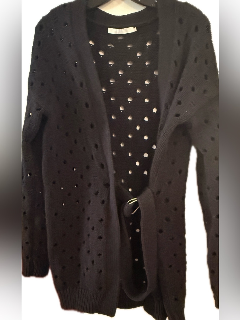 Open-Knit Black Belted Cardigan Sweater